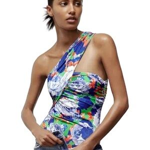 Zara Bodysuit Leotard Romper Top Tank Ruched Draped One Shoulder Asymmetric NWOT